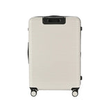 White suitcase with black handle and wheels on a white background