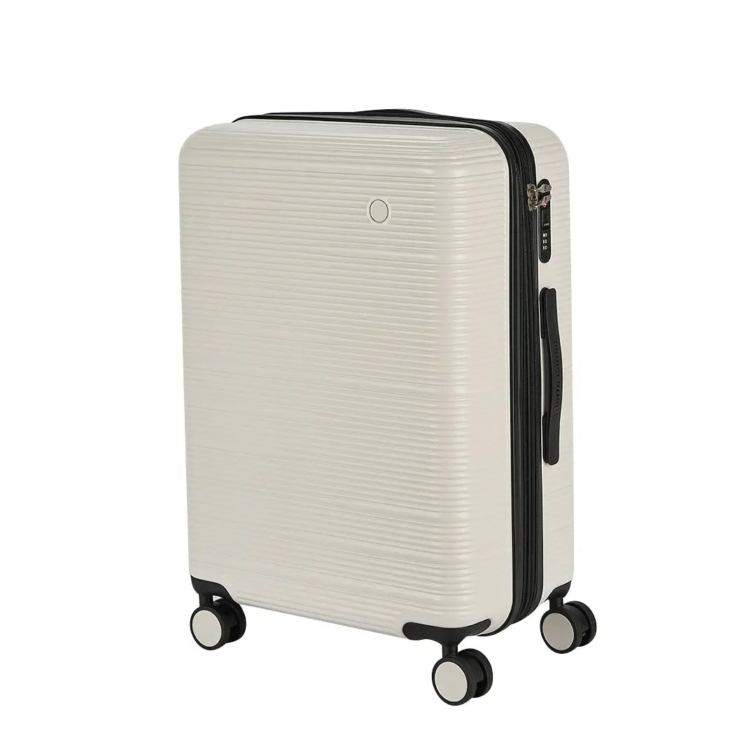 White suitcase with black handle and wheels on a white background