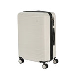 White suitcase with black handle and wheels on a white background