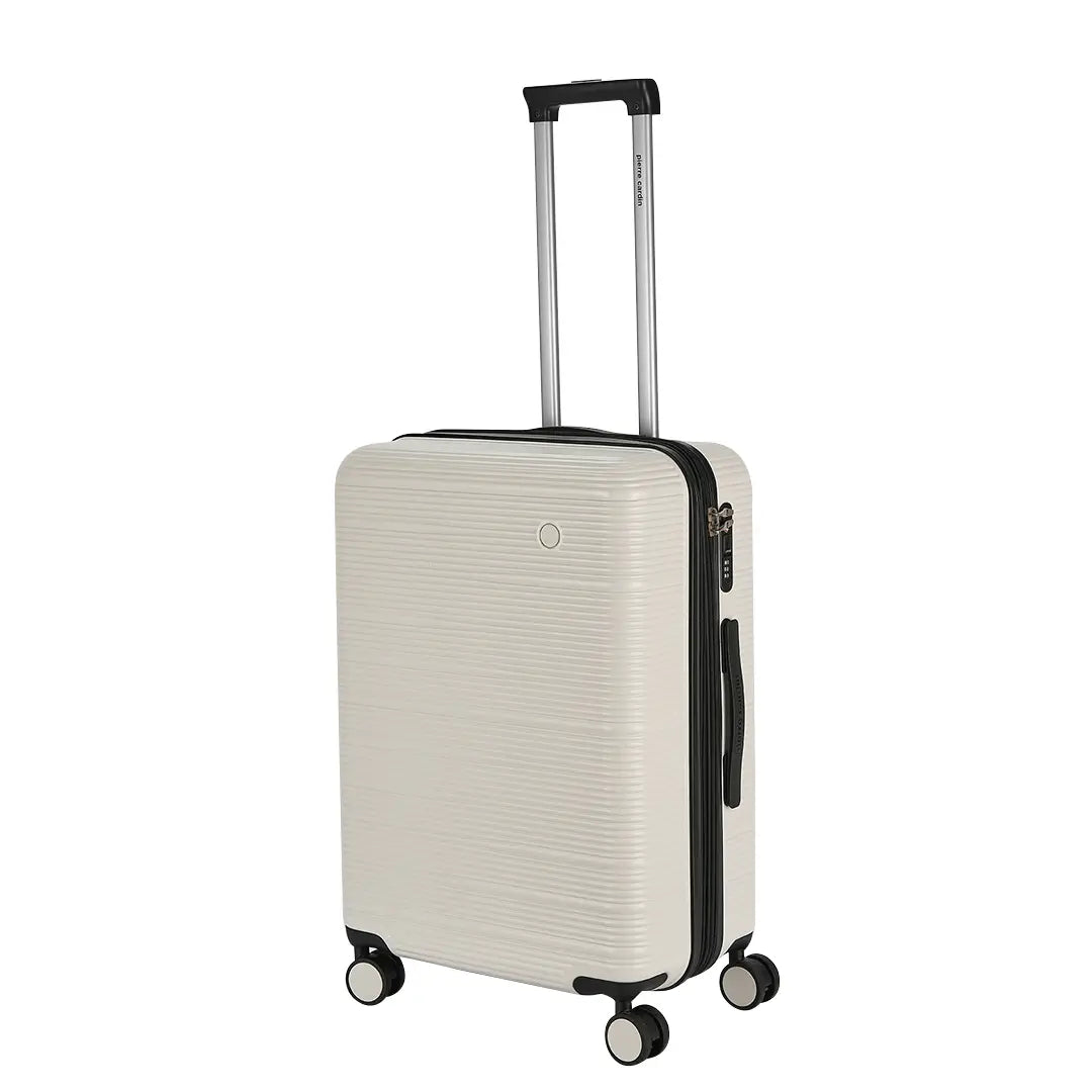 Cream suitcase with the handle up.