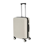 Cream suitcase with the handle up.