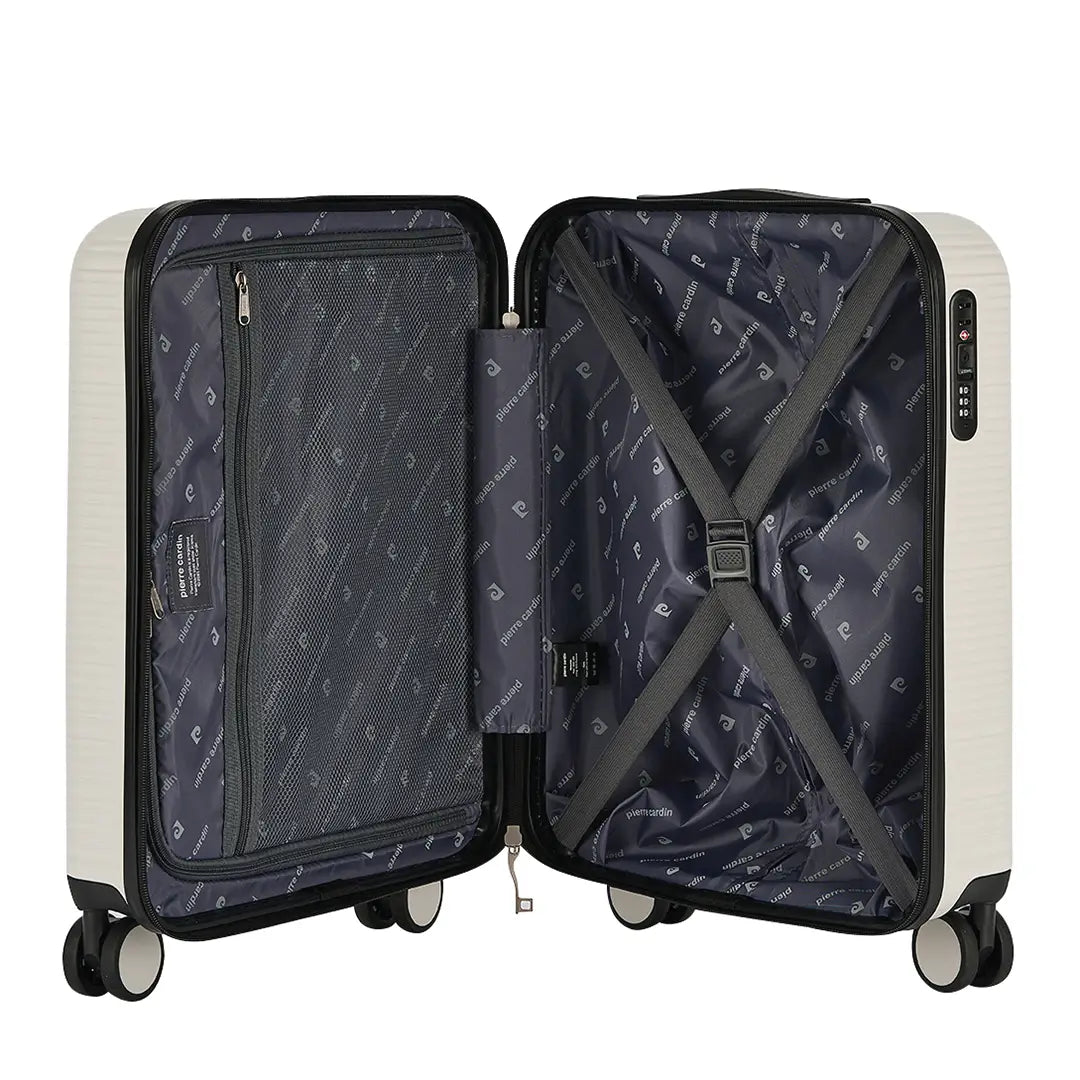 Open suitcase with a patterned interior on a white background