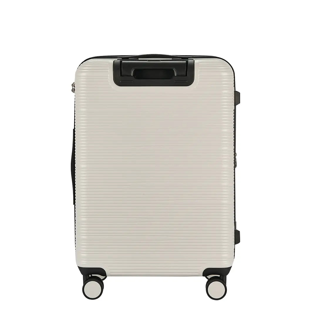 Beige suitcase with black wheels and handle on a white background