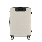 Beige suitcase with black wheels and handle on a white background