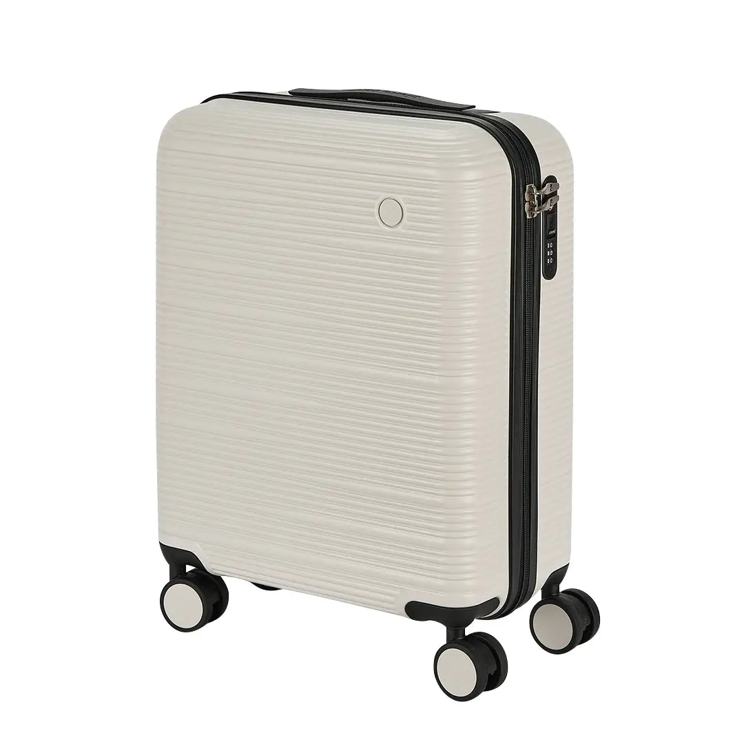 White suitcase with black accents on a white background