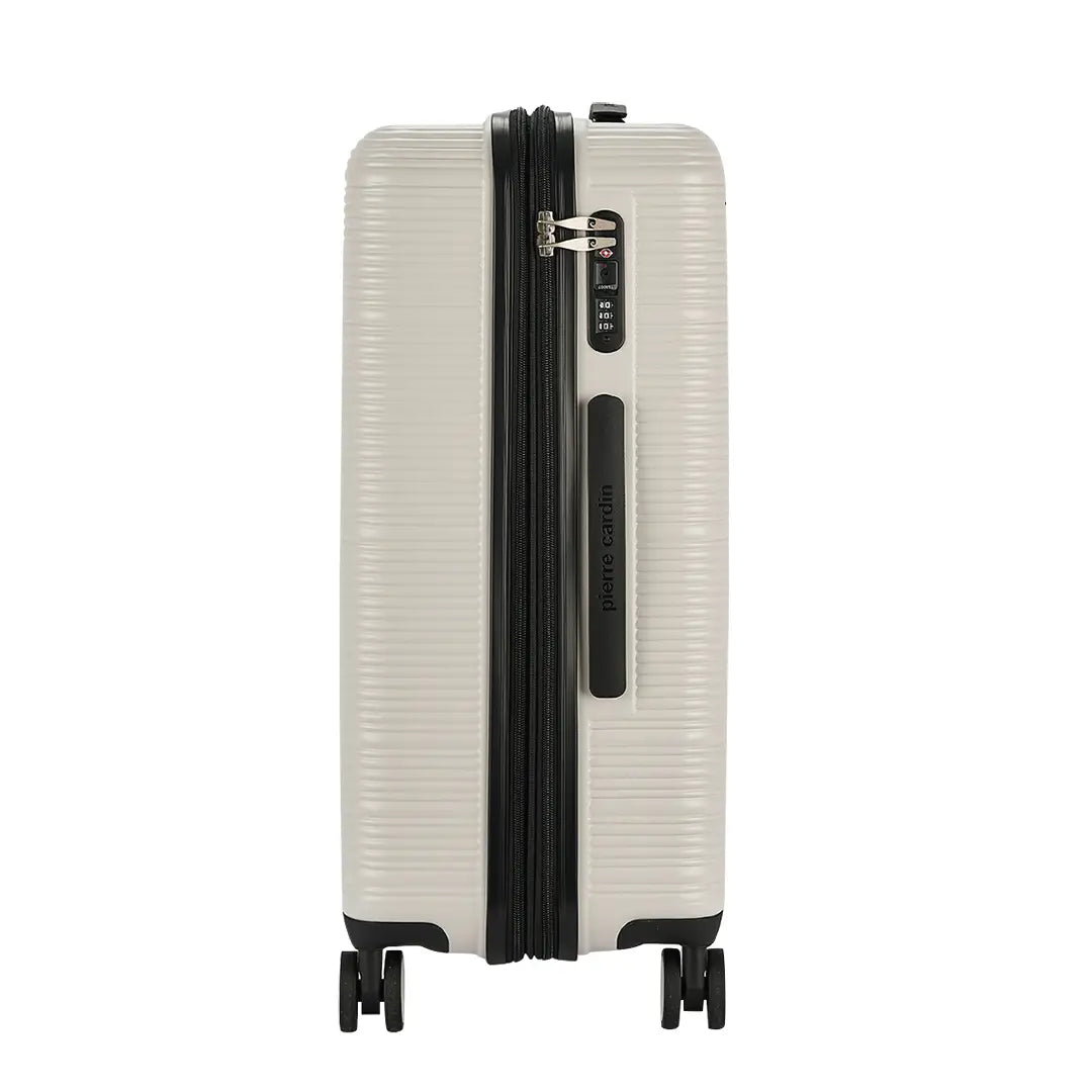 White suitcase with black handle and wheels on a white background
