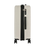 White suitcase with black handle and wheels on a white background
