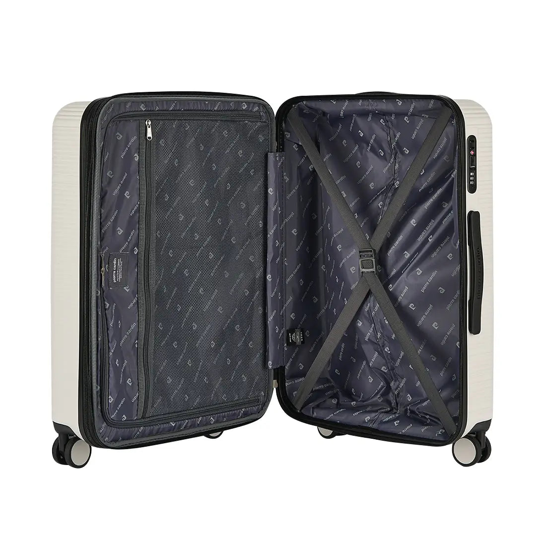 Open suitcase with patterned interior on a white background