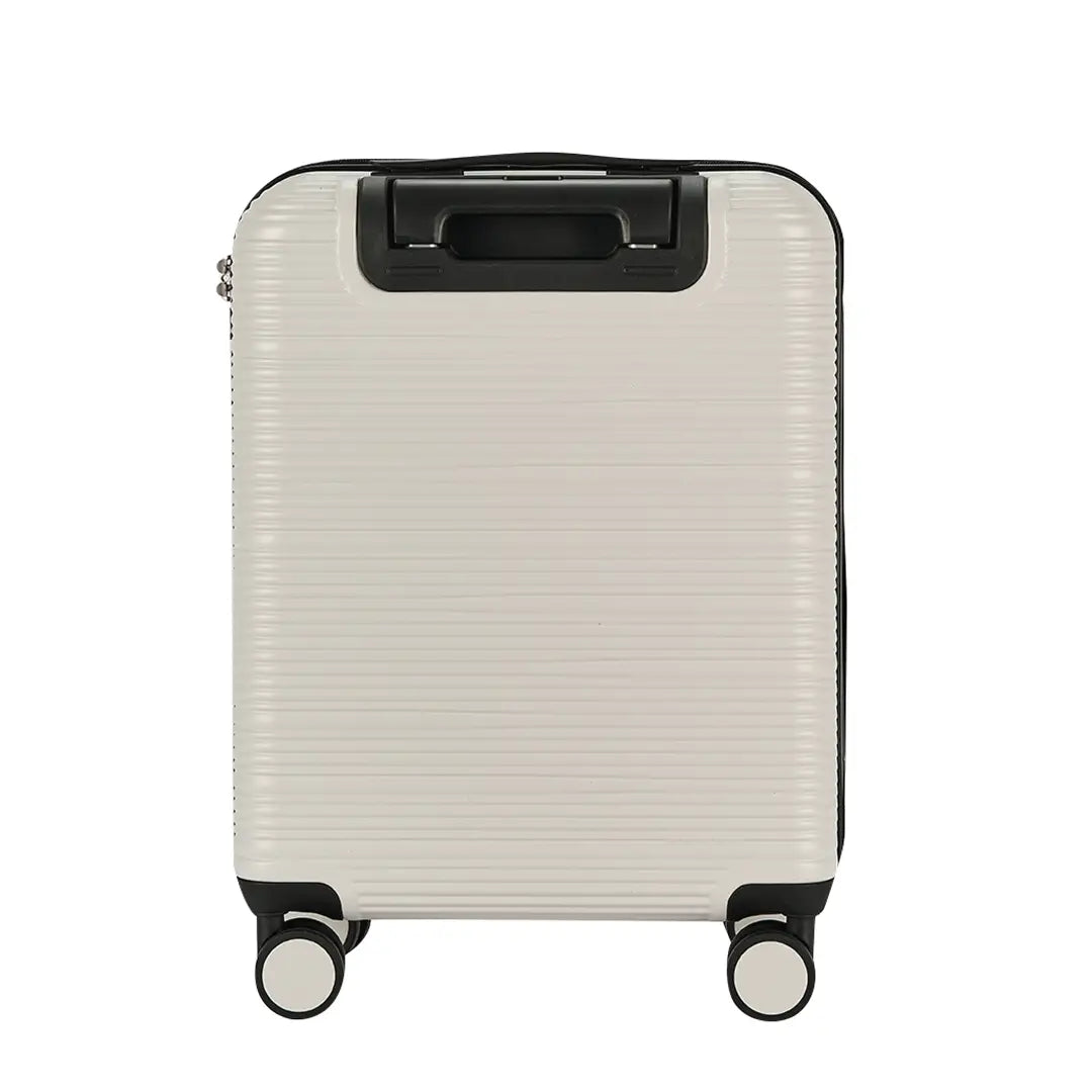 White suitcase with black handle on a white background