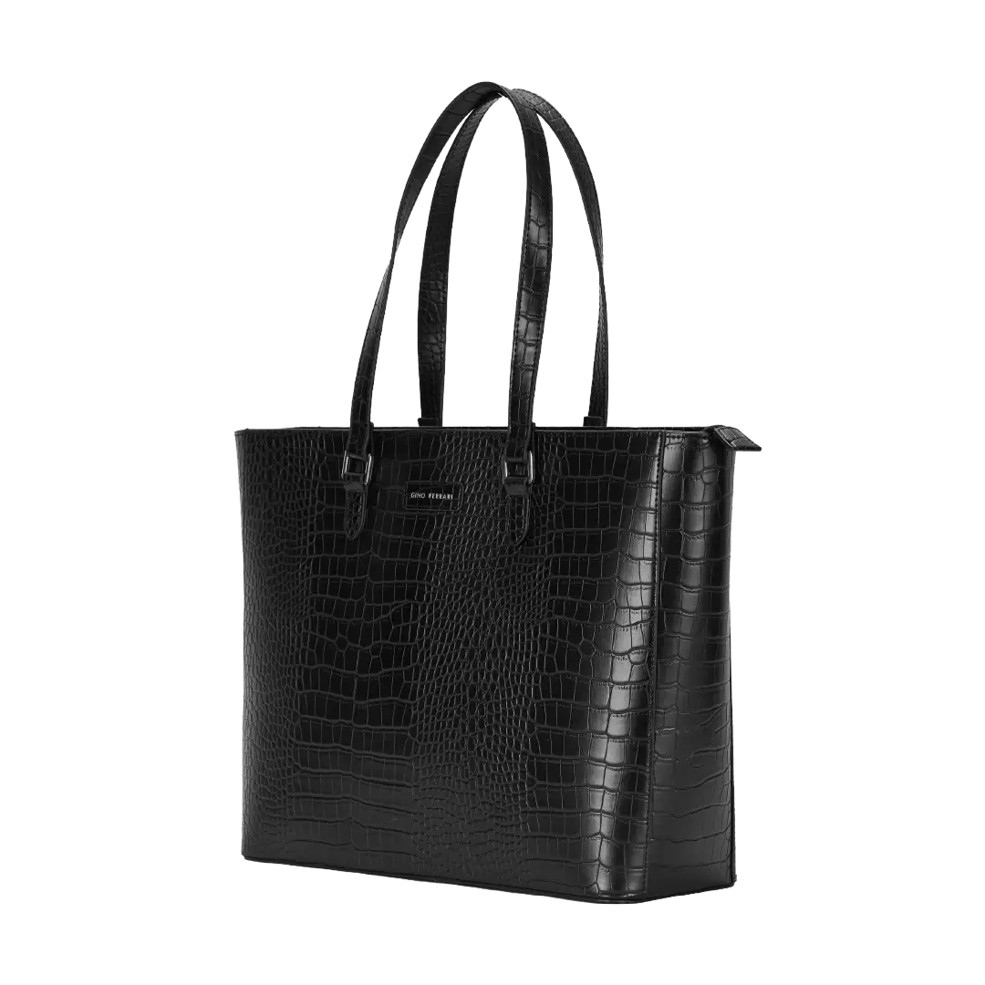 Black textured tote bag on a white background