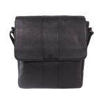 Black leather messenger bag with a front flap and vertical stitched panel details, shown against a plain white background.