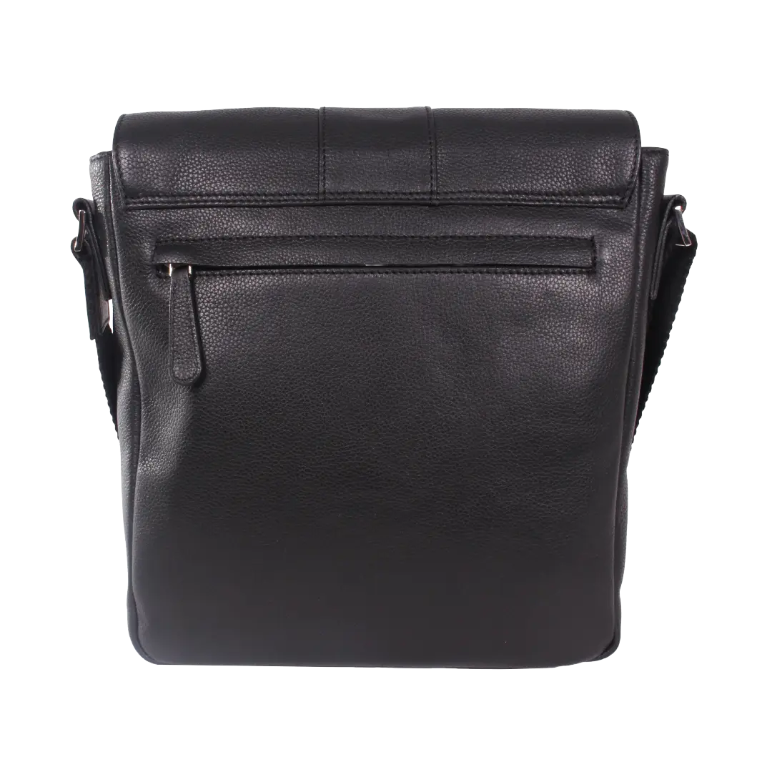 Black leather crossbody bag with a front zippered pocket, shown against a plain white background.