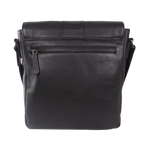 Black leather crossbody bag with a front zippered pocket, shown against a plain white background.