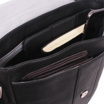 Close-up of the interior compartments of a black leather bag, showing card slots, a notebook, and a smartphone pocket.