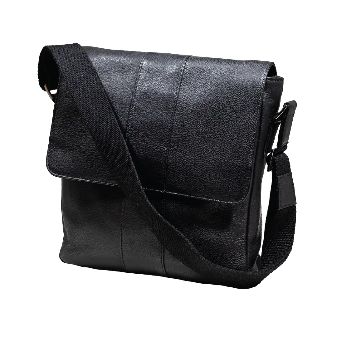 Black leather messenger bag with a wide adjustable shoulder strap, shown on a plain white background.