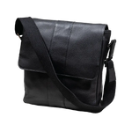 Black leather messenger bag with a wide adjustable shoulder strap, shown on a plain white background.
