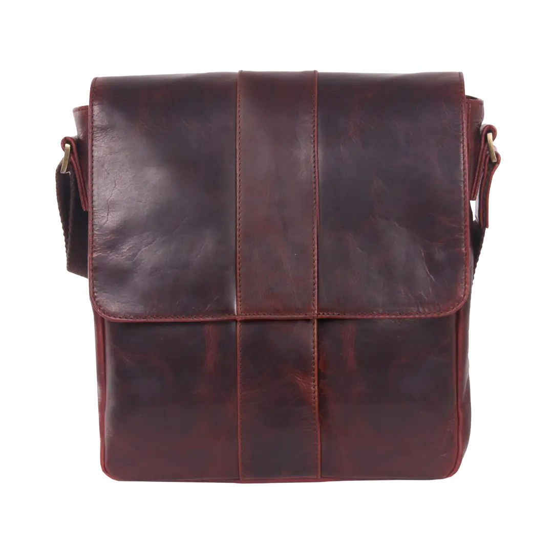 A dark reddish-brown leather crossbody bag with a front flap and vertical stitched panel details, shown against a plain white background.