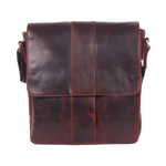 A dark reddish-brown leather crossbody bag with a front flap and vertical stitched panel details, shown against a plain white background.