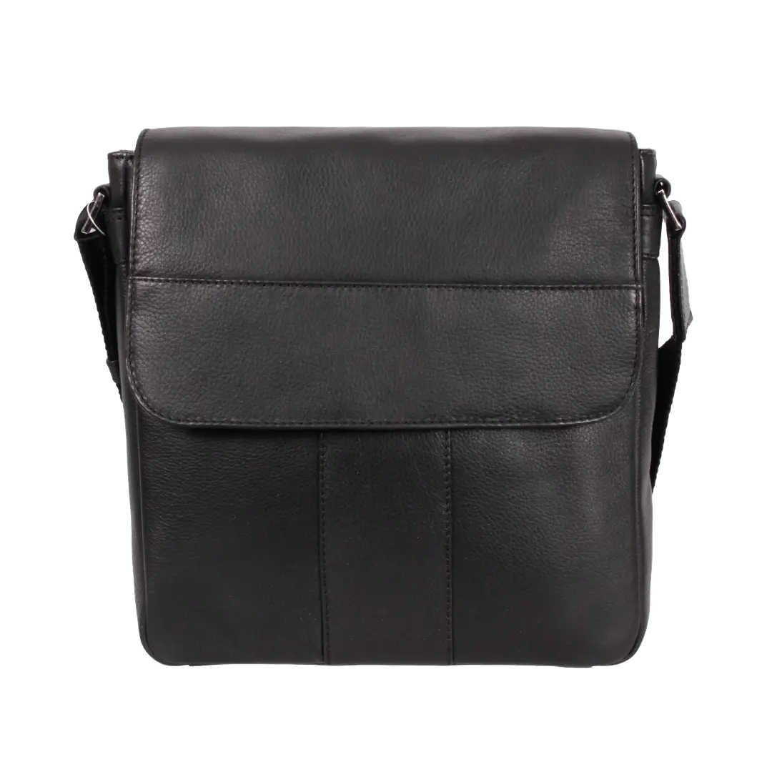 Black pebbled leather crossbody bag with a front flap pocket and a black shoulder strap, shown against a plain white background.