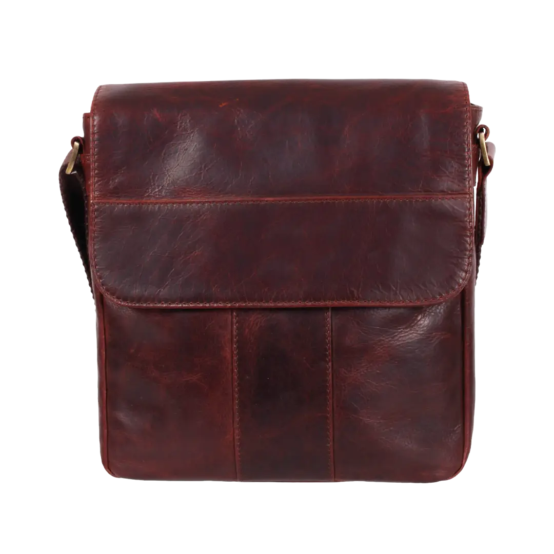 A dark reddish-brown leather crossbody bag with a front flap pocket and a shoulder strap, shown against a plain white background.