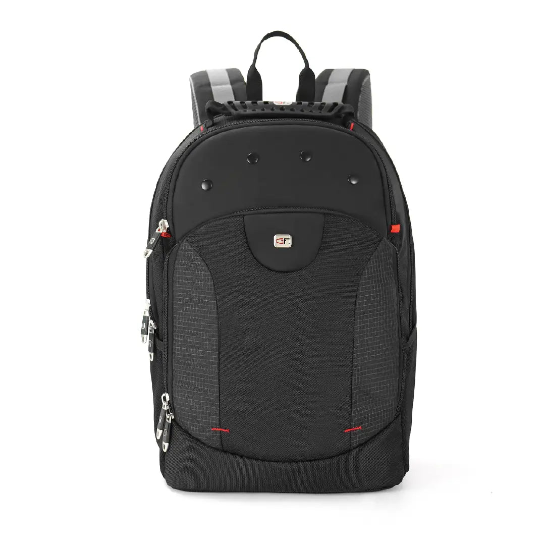 A black backpack with gray mesh side panels, silver zipper pulls, and small red accent stitching, shown against a plain white background.