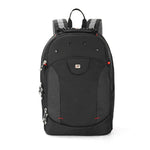 A black backpack with gray mesh side panels, silver zipper pulls, and small red accent stitching, shown against a plain white background.