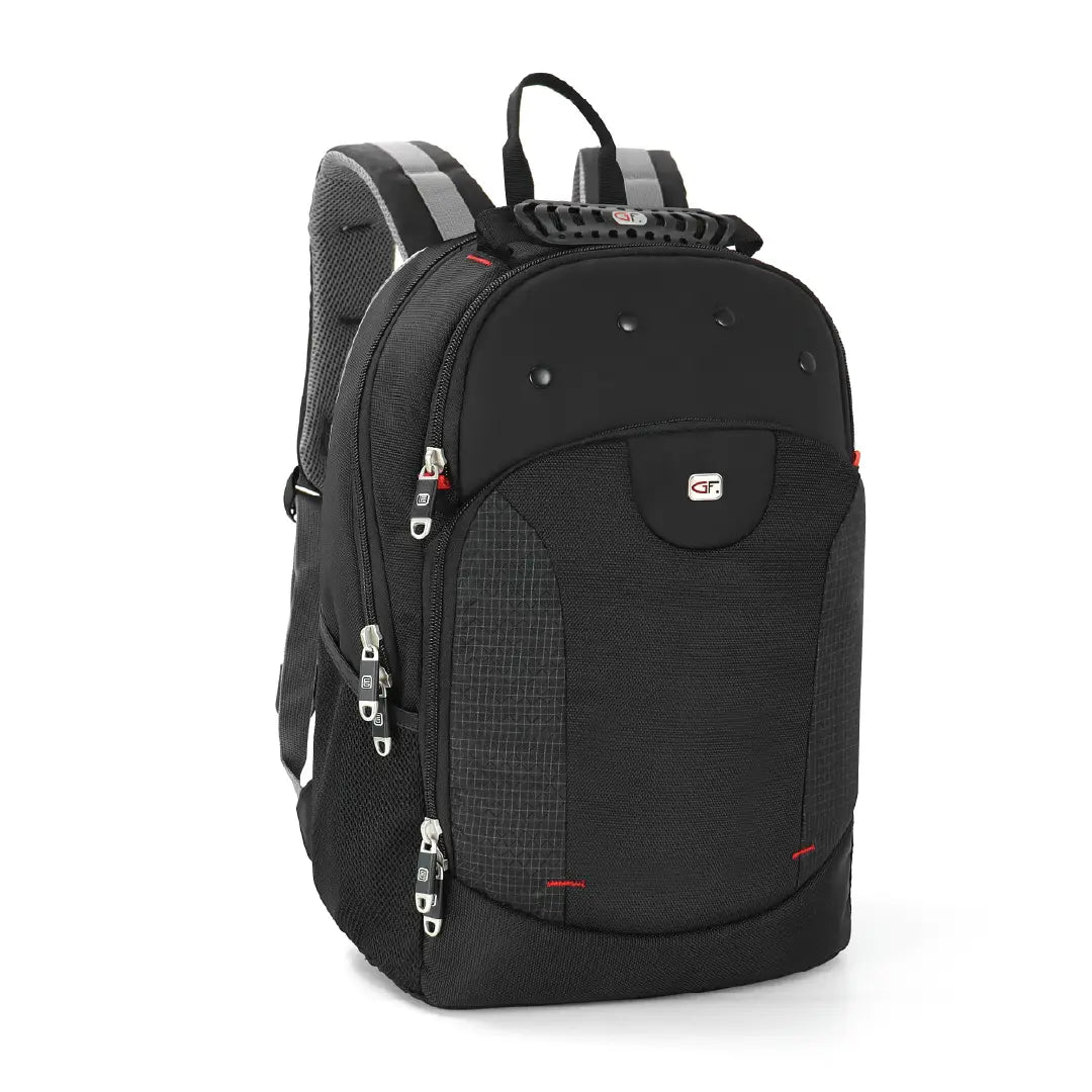 A black backpack with gray mesh shoulder straps, silver zippers, and a small red and white logo patch on the front pocket, shown on a plain white background.