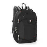 A black backpack with gray mesh shoulder straps, silver zippers, and a small red and white logo patch on the front pocket, shown on a plain white background.