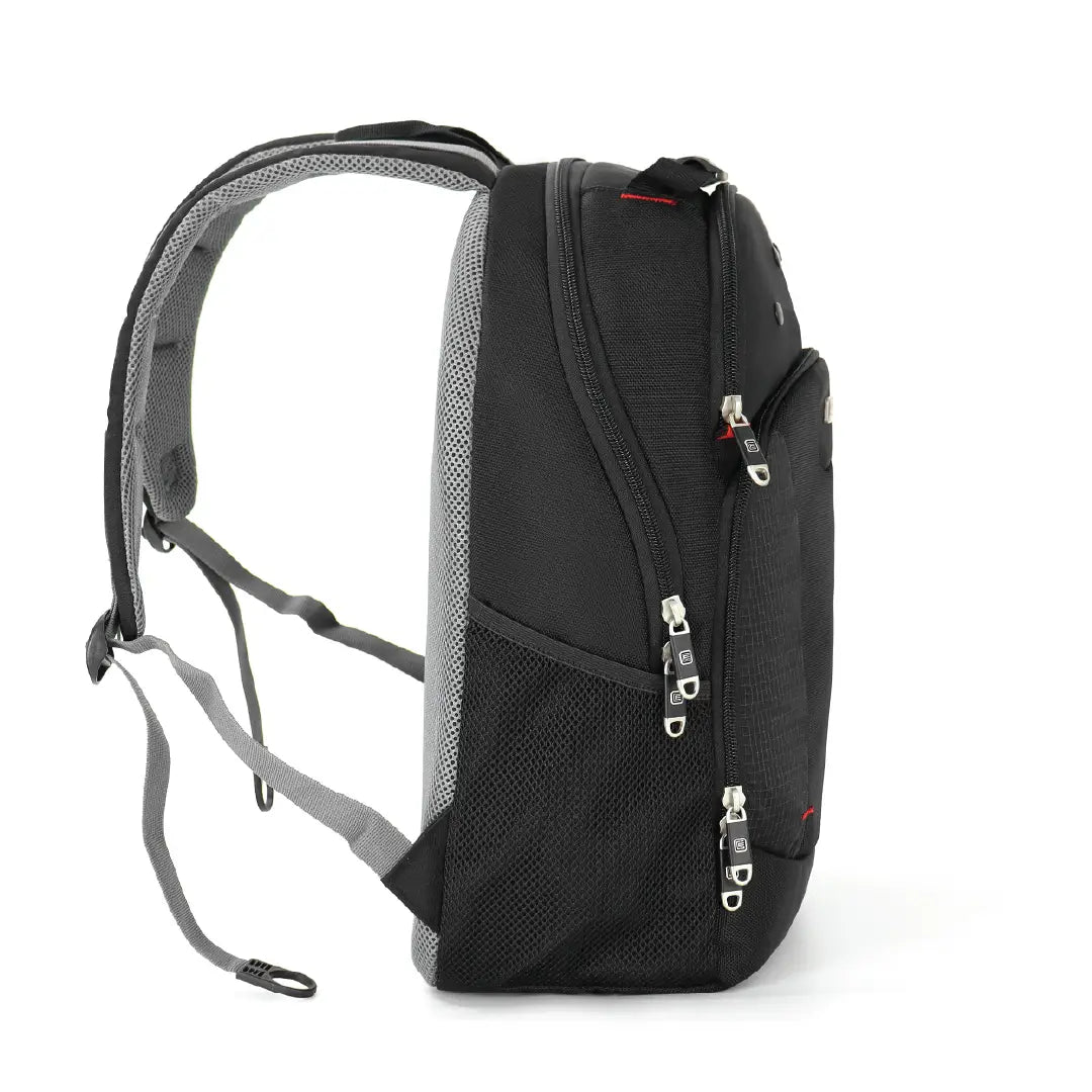A black and gray backpack shown from the side against a plain white background, featuring multiple zippered compartments and padded shoulder straps.