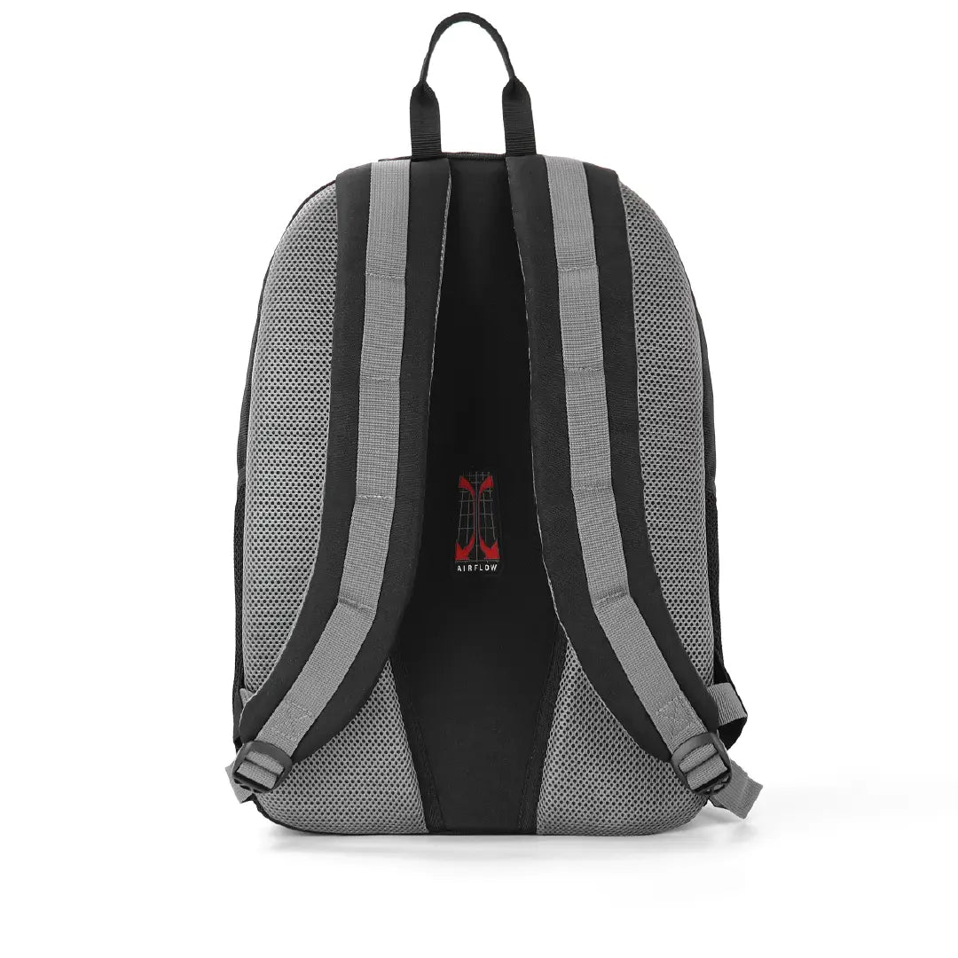 The back view of a gray and black mesh backpack with a central black padded panel, gray shoulder straps, and a small red and white logo in the center.