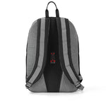 The back view of a gray and black mesh backpack with a central black padded panel, gray shoulder straps, and a small red and white logo in the center.