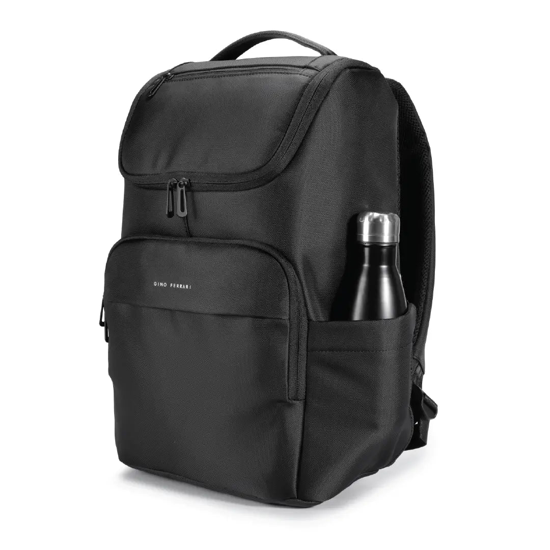 A black backpack with a top handle, front zippered pocket, and side water bottle pocket containing a black insulated bottle, shown on a white background.