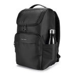 A black backpack with a top handle, front zippered pocket, and side water bottle pocket containing a black insulated bottle, shown on a white background.