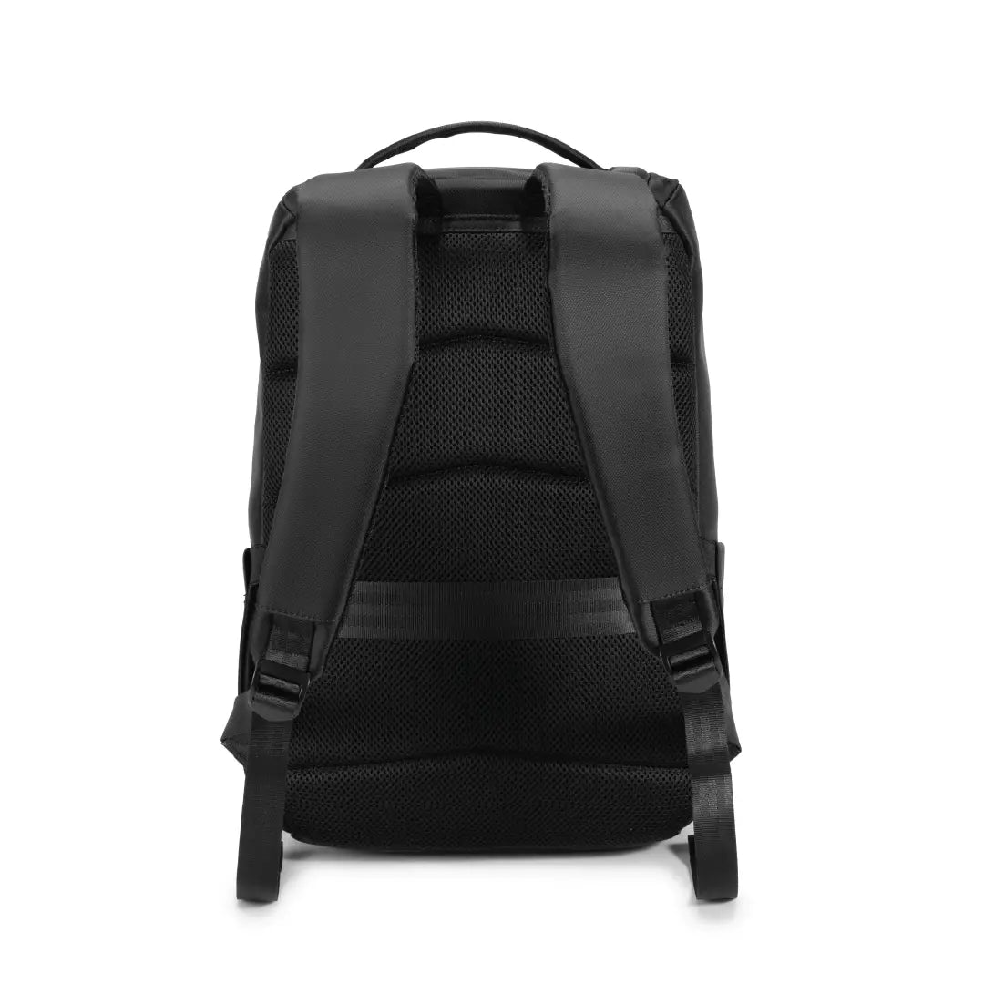 Black backpack shown from the back on a plain white background.