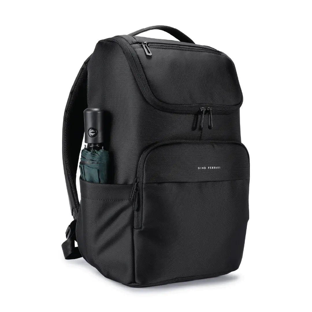 A black backpack with multiple zippered compartments and a side pocket holding a folded umbrella, shown on a plain white background.