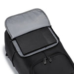 A black backpack shown open, revealing a grey interior lining and a padded compartment inside.