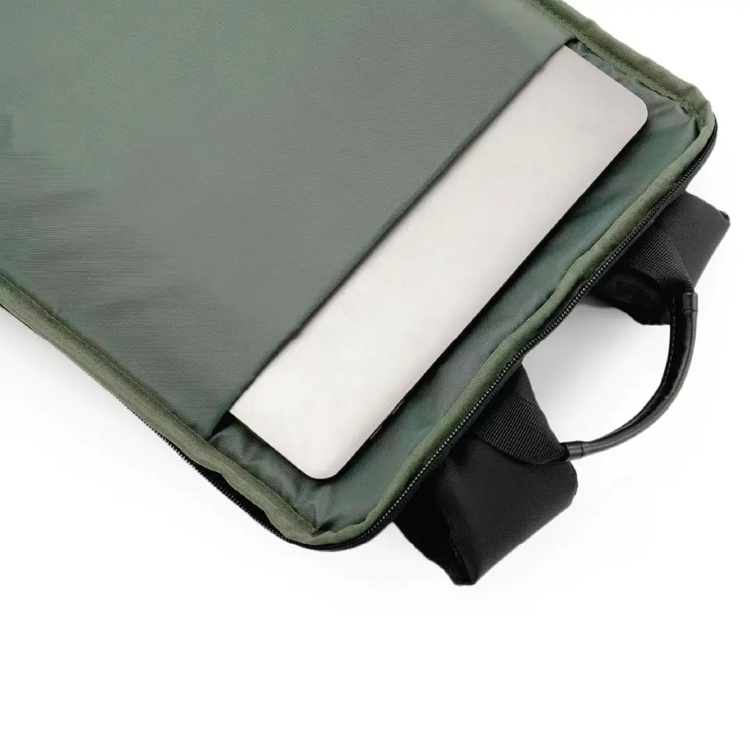 Gray laptop bag with a laptop inside on a white background
