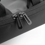 Close-up of a black backpack with zippers on a white background