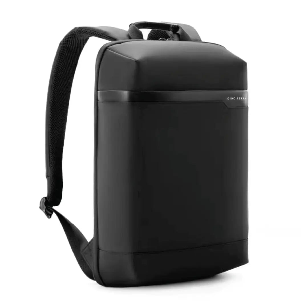 A black minimalist backpack with a top handle and adjustable shoulder straps, shown from an angle on a white background.