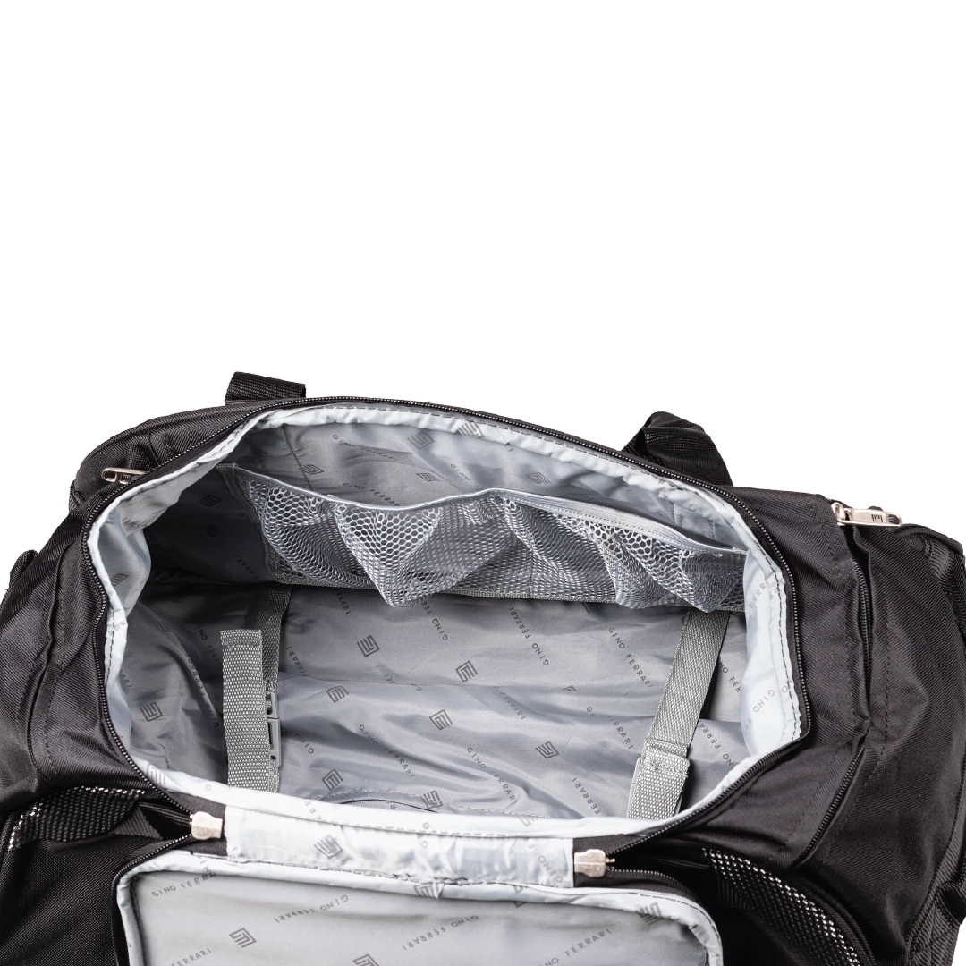 Black backpack with open compartment showing gray interior on a white background