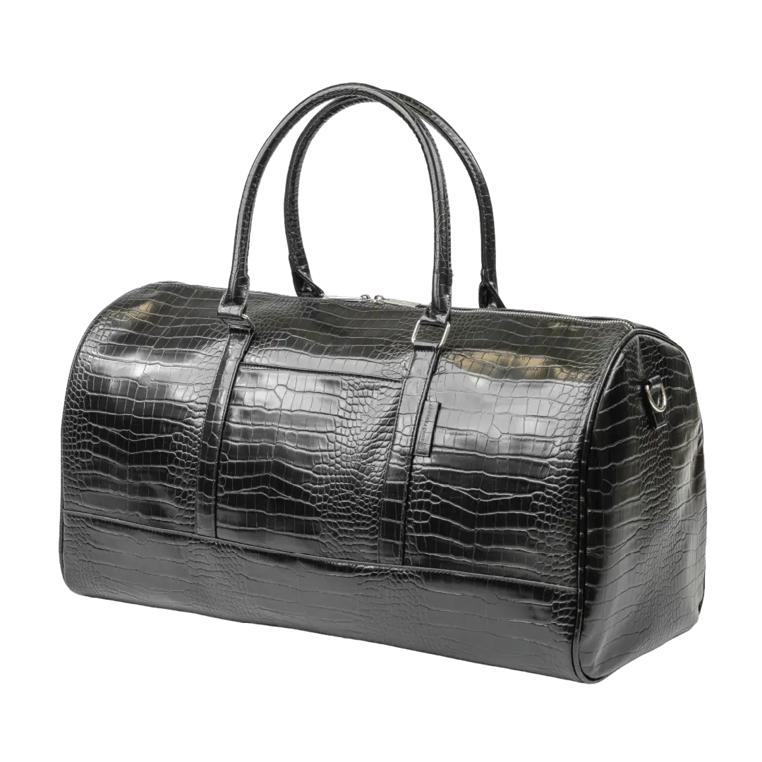 Black crocodile-patterned leather duffel bag on a white background