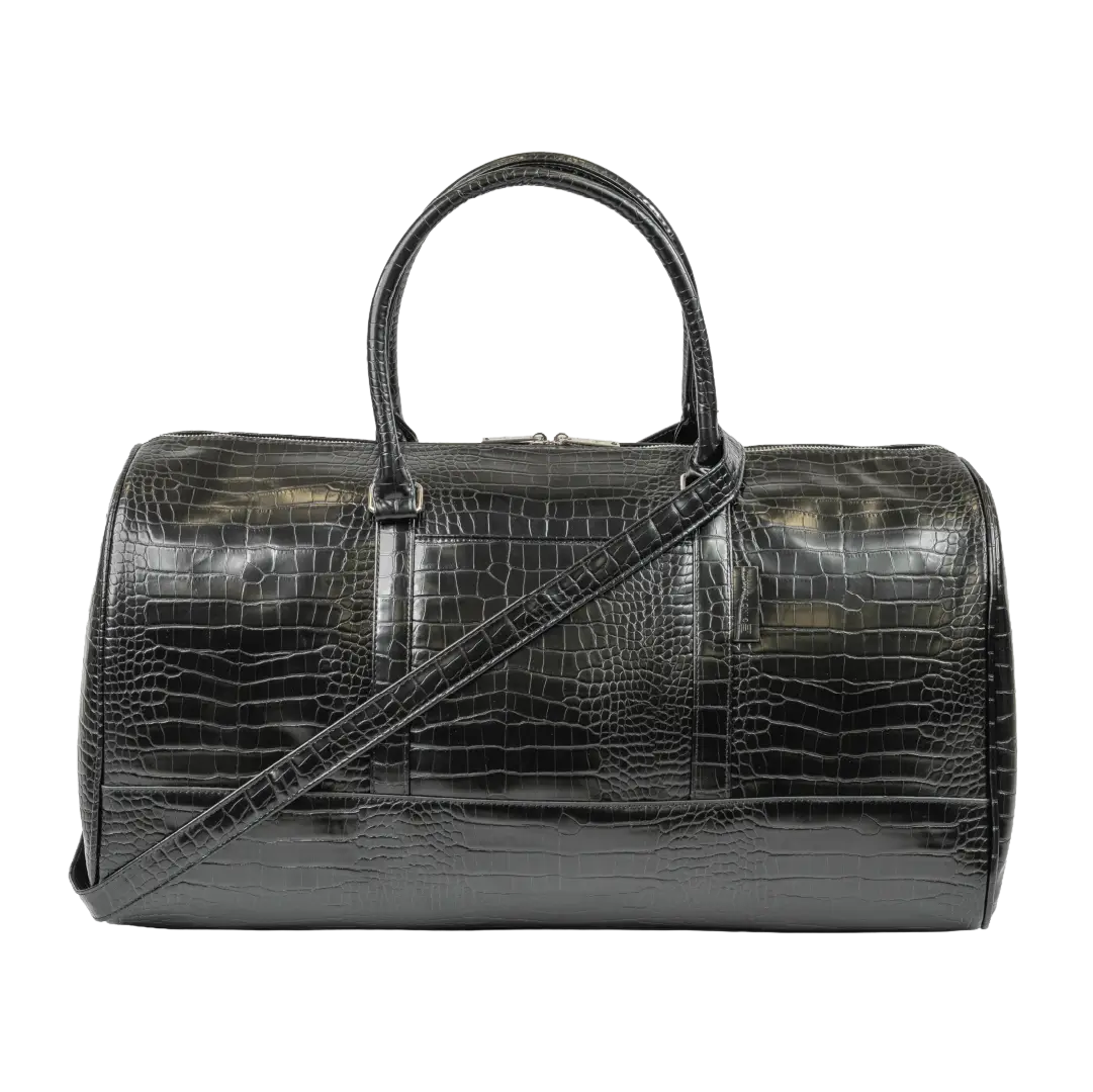 Leather-look textured bag with a pocket, handles and a silver zip with branding on it.