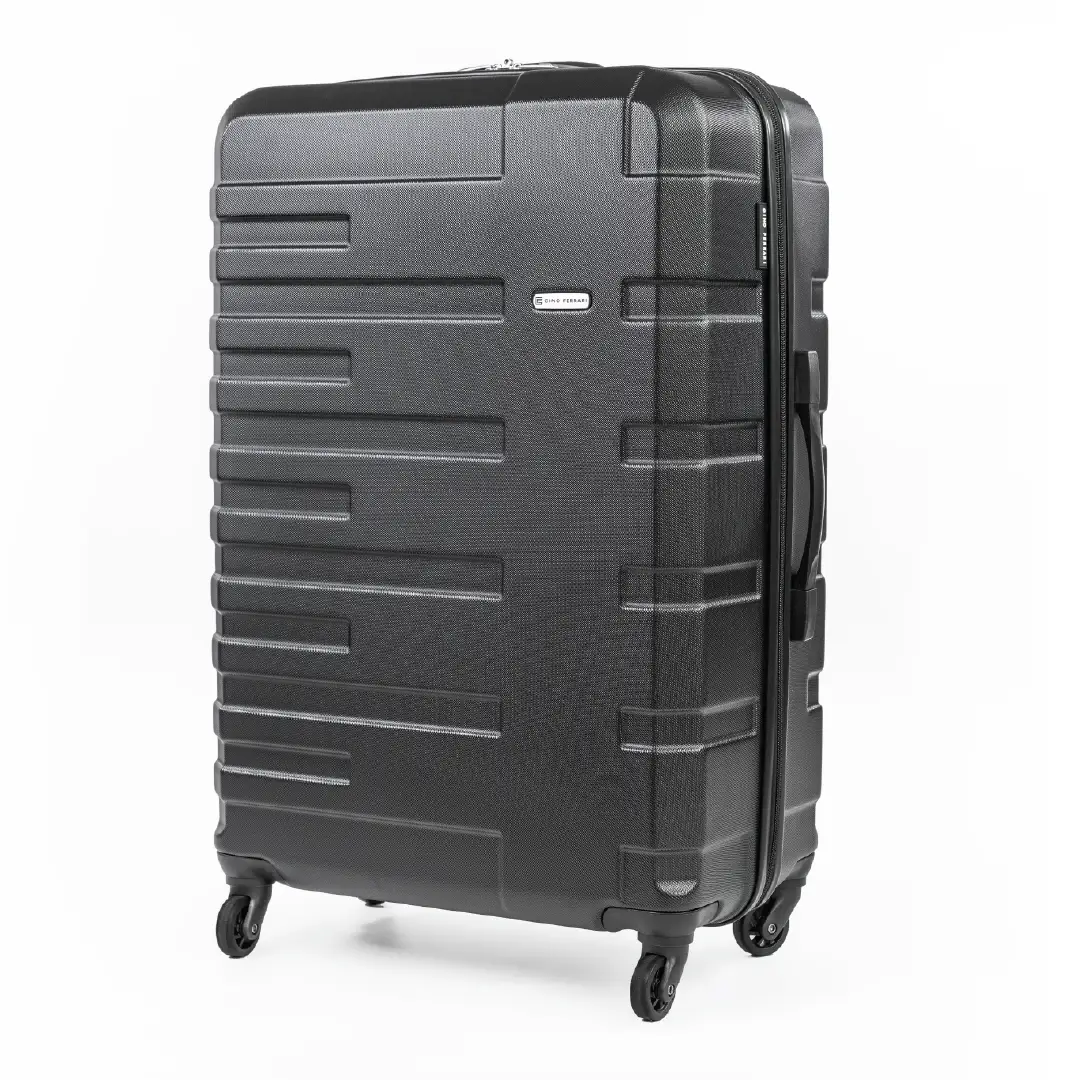 Black suitcase with a textured surface on a white background