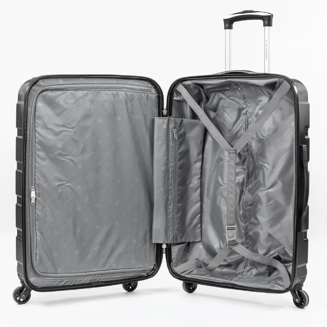 Open gray suitcase with interior view on a white background