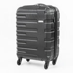 Black suitcase stood up showing the logo and detail on the suitcase.