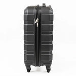 Side-view of a black cabin-sized suitcase, including the zips.