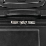 Closeup of a black suitcase showing a handle and the zip.