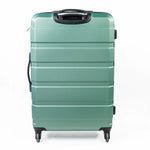Green suitcase with black handle and wheels on a white background