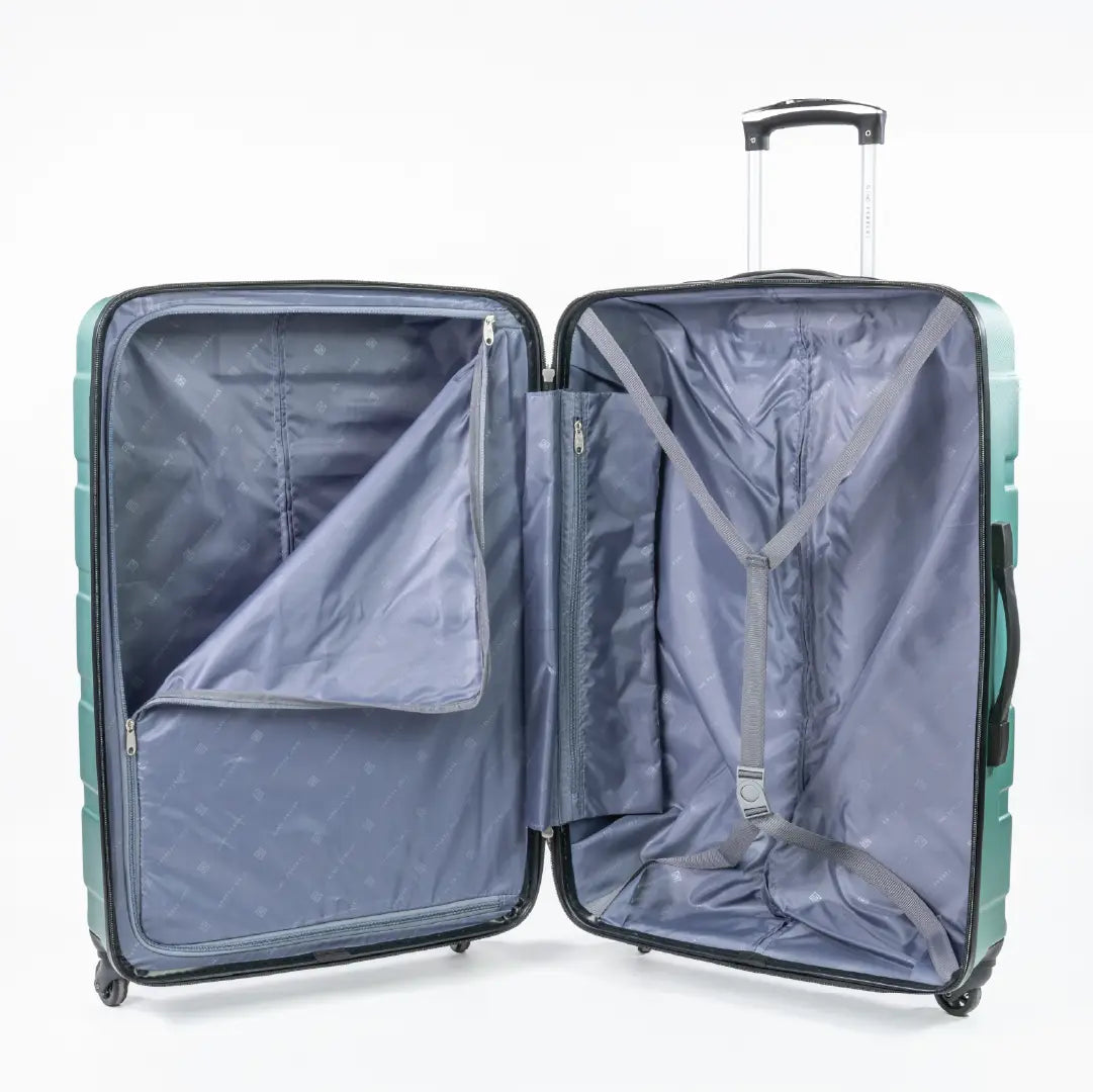 Open teal suitcase with interior space on a white background