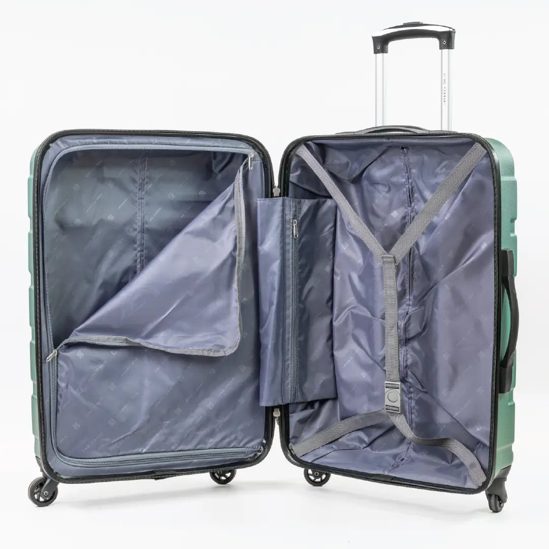 Open suitcase with wheels on a white background